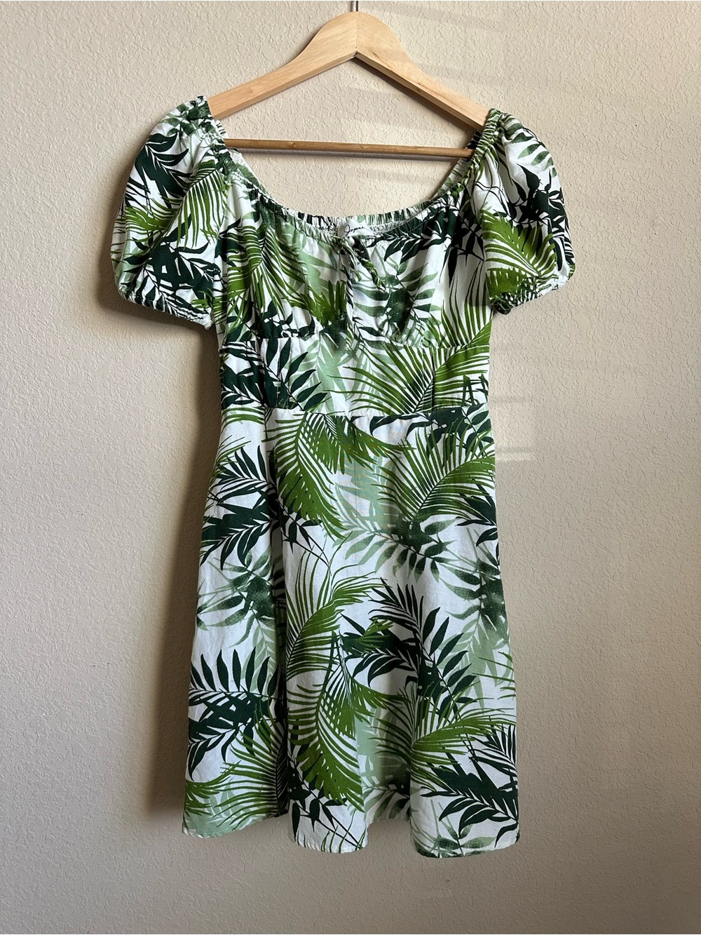 Japna Green Tropical Palm Leaf Puff Sleeve Mini Dress Size M